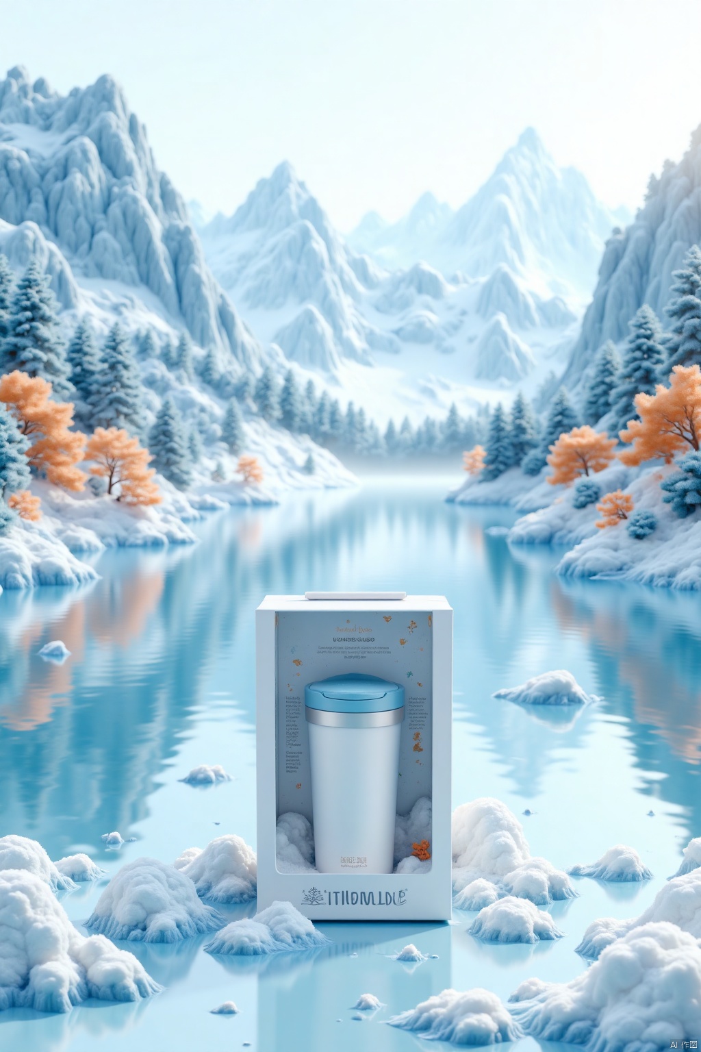 A thermos cup in packaging with a winter landscape in the background,A serene winter landscape featuring a tranquil lake surrounded by majestic,snow-covered mountains and trees with orange foliage,scenery