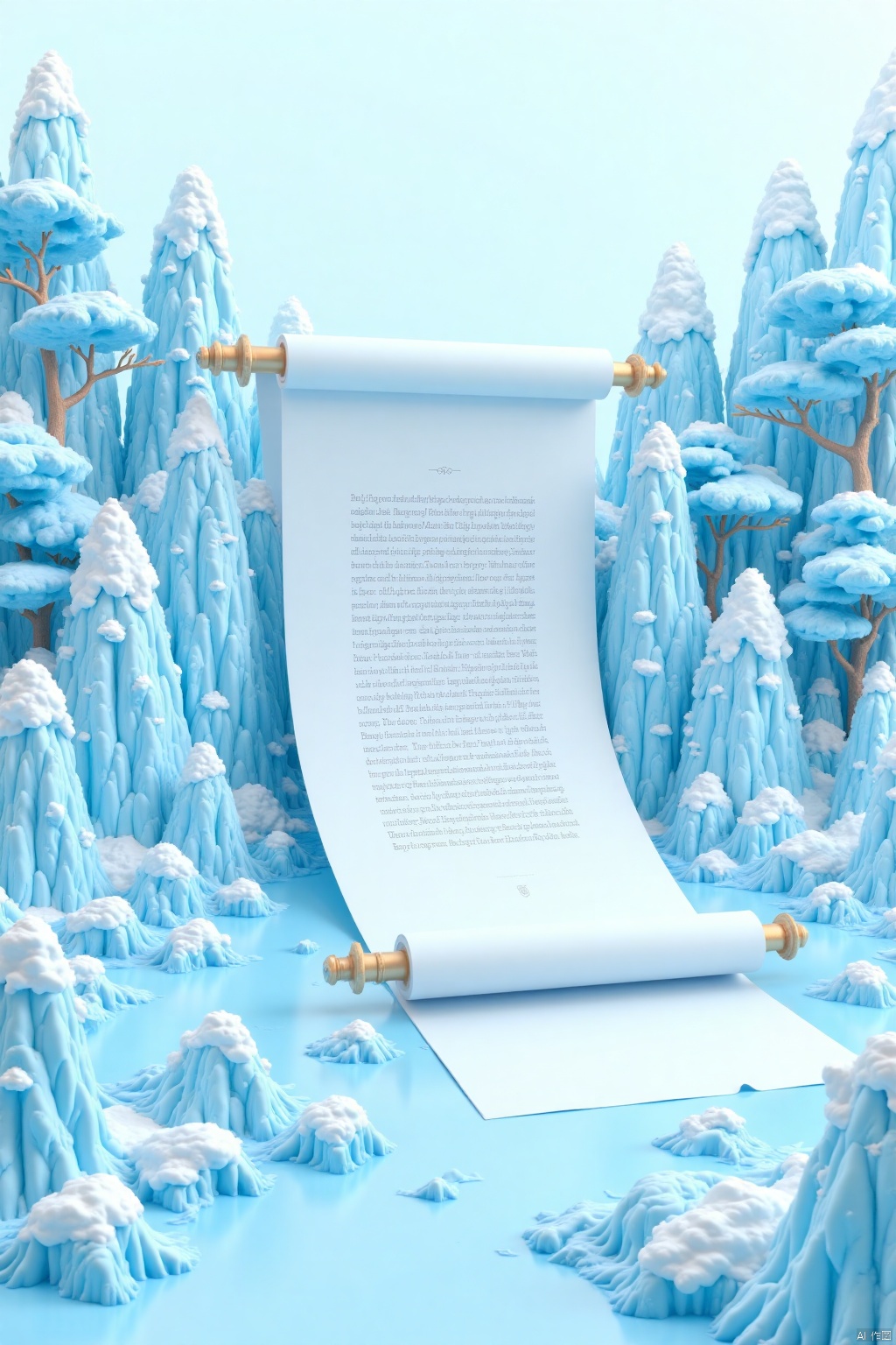 A scroll of text resting on a frozen landscape, surrounded by ice formations and snow-covered trees,scenery