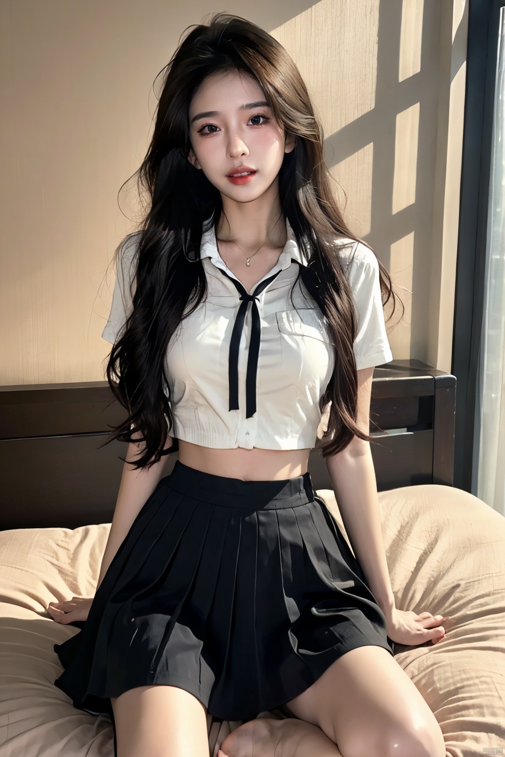  Enhanced, masterpiece, 16K, JK, 1 girl, long hair, school uniform, skirt, sitting on bed,:), Light master