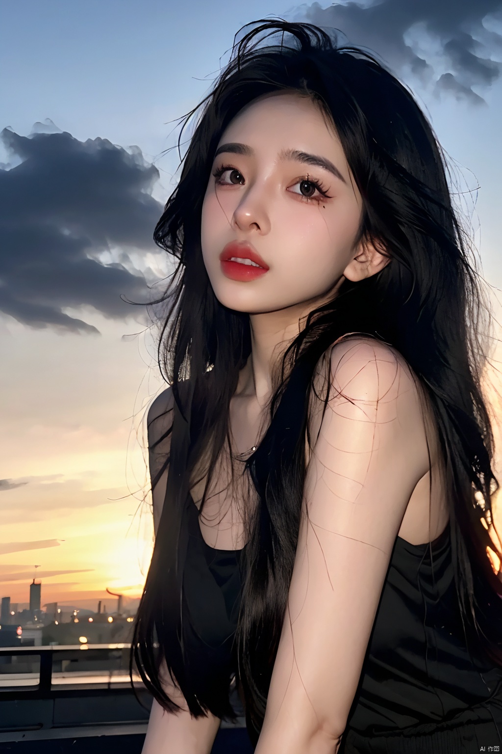 Frontal photography,Look front,evening,dark clouds,the setting sun,On the city rooftop,A 20 year old female,Black top,Black Leggings,black hair,long hair, dark theme, muted tones, pastel colors, high contrast, (natural skin texture, A dim light, high clarity) ((sky background))((Facial highlights)), Light master, 1girl