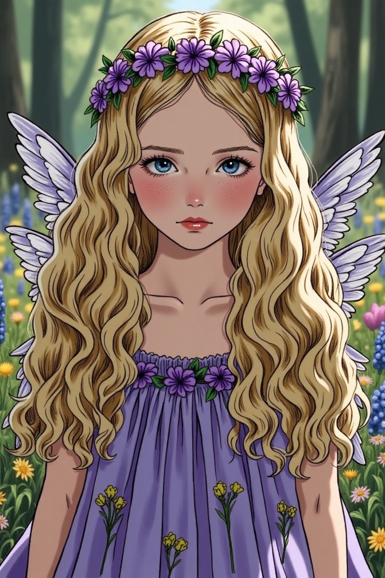 a medium-angle shot captures a young fair-haired girl with long,  wavy blonde hair,  adorned with a headband adorned with...
