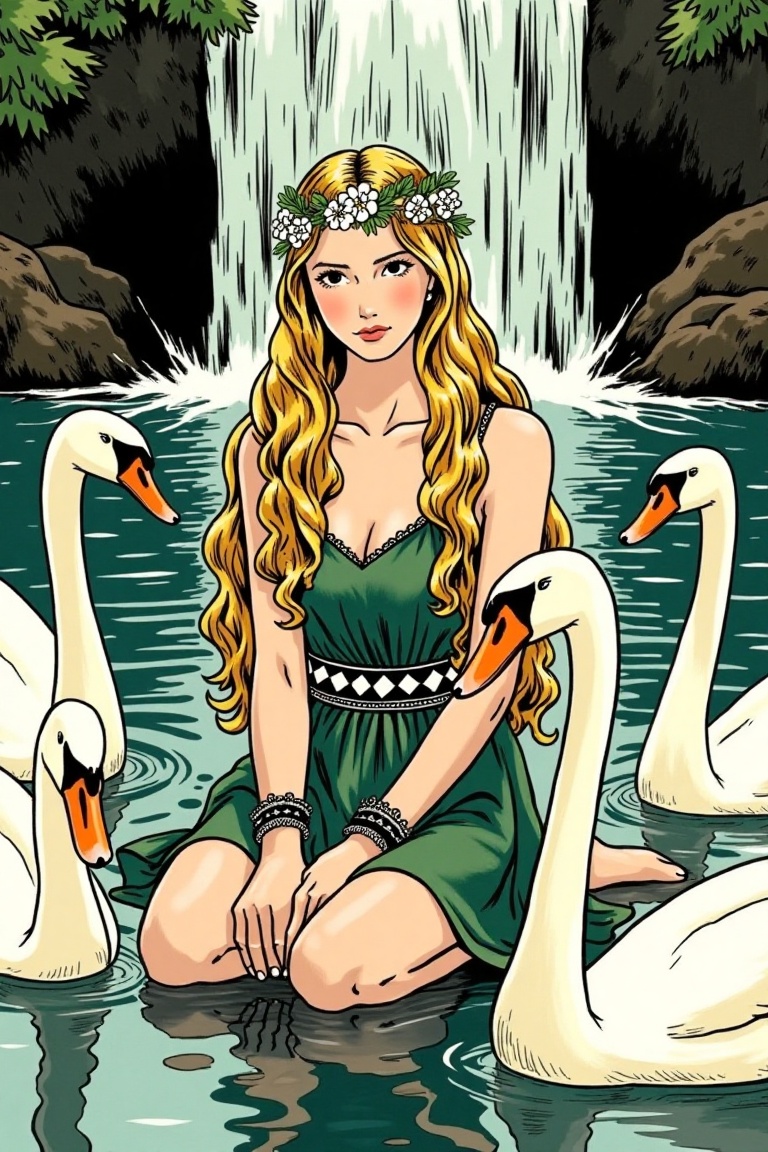 Captured at eye-level,  a medium-angle shot captures a beautiful woman,  adorned with long blonde hair and a crown of flow...