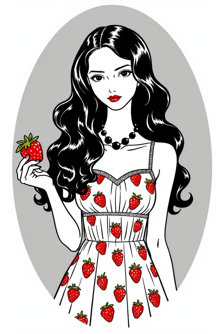 A cartoon drawing of a woman with long black wavy hair. She is wearing a white dress with red strawberries on it. The woma...