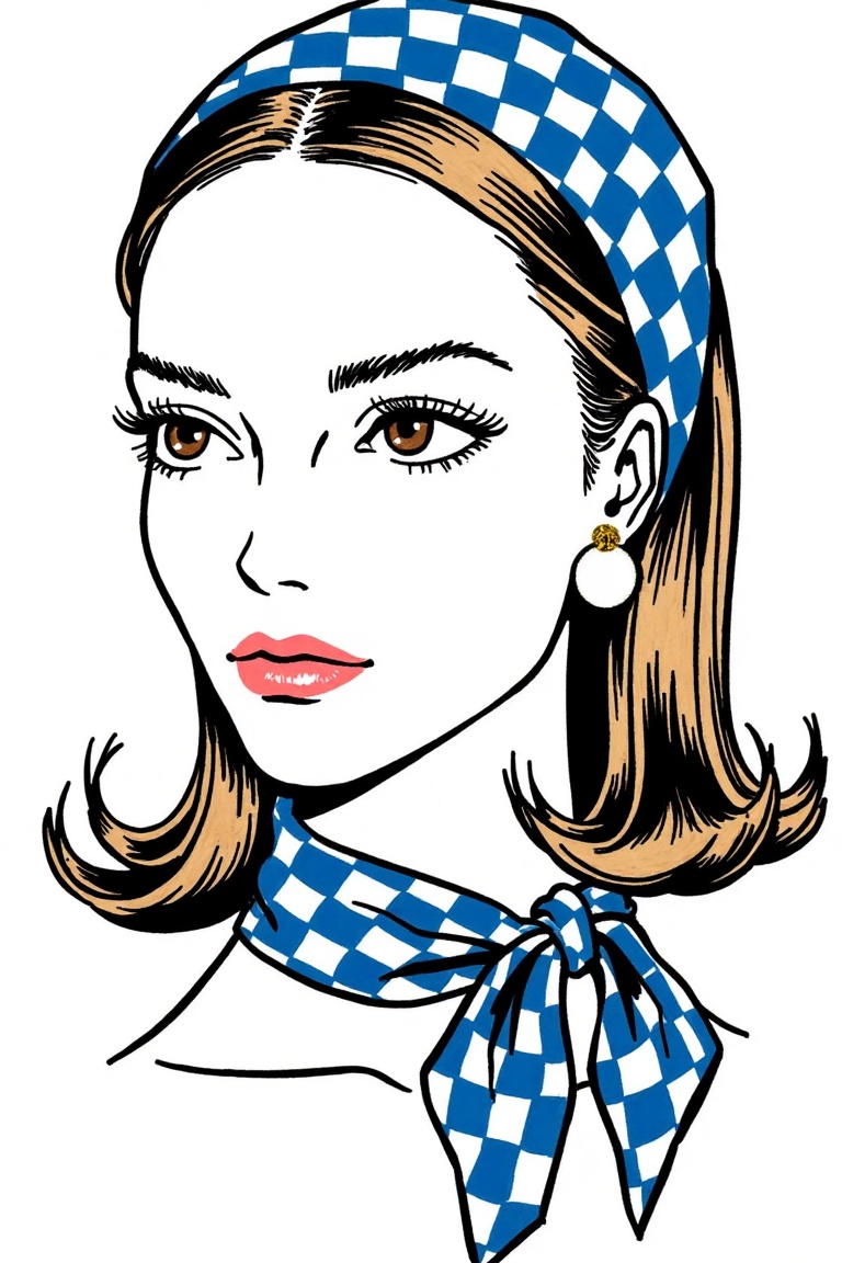 a close-up of a woman's face,  adorned with a blue and white checkered scarf tied around her neck. The woman's head is ado...