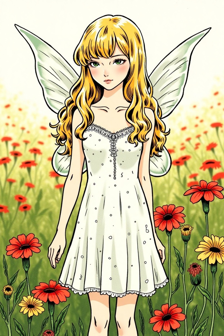 a fair-haired blonde fairy,  dressed in a white dress adorned with tiny white dots,  stands in a field of vibrant red and...