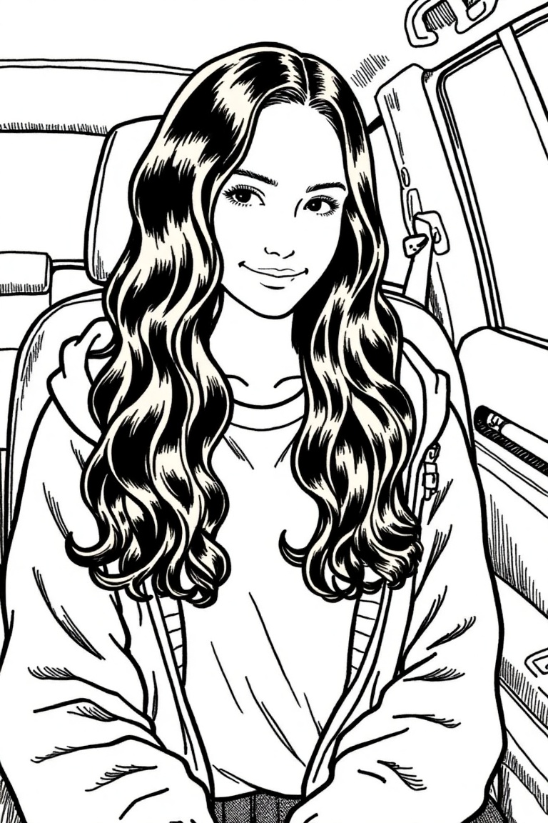 a woman with long brown hair,  wearing a white t-shirt and a gray hoodie,  is seated in the backseat of a car. She is smil...