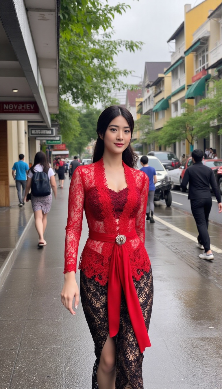 A stunning young woman,  her slender physique draped in a red lace kebaya,  navigates the bustling city street on a drizzl...