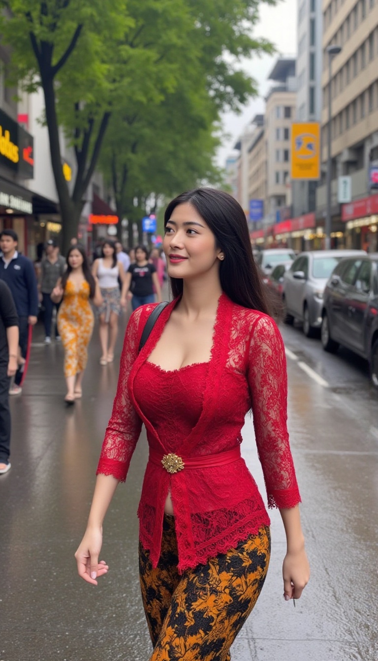 A stunning young woman,  her slender physique draped in a red lace kebaya,  navigates the bustling city street on a drizzl...