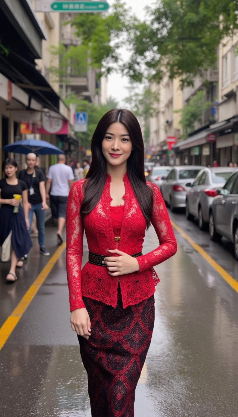A stunning young woman,  her slender physique draped in a red lace kebaya,  navigates the bustling city street on a drizzl...