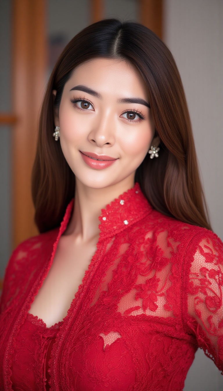 a young asian woman with brown long hair wearing red kebaya,  d4r4,  kebaya on Tensor.Art