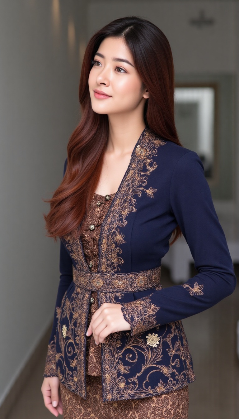 a young asian woman with brown long hair wearing navy brown kebaya,  d4r4,  kebaya on Tensor.Art