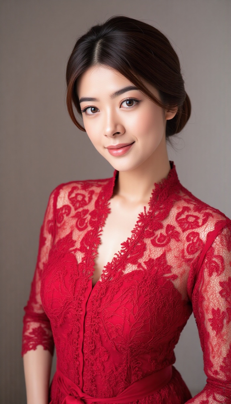 a young asian woman with brown long hair wearing red lace kebaya,  d4r4,  kebaya on Tensor.Art