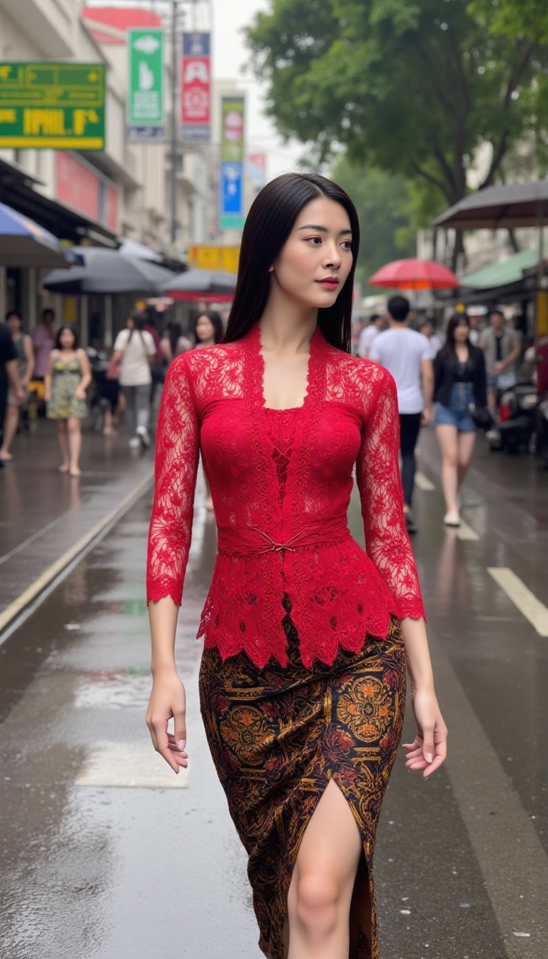 A stunning young woman,  her slender physique draped in a red lace kebaya,  navigates the bustling city street on a drizzl...