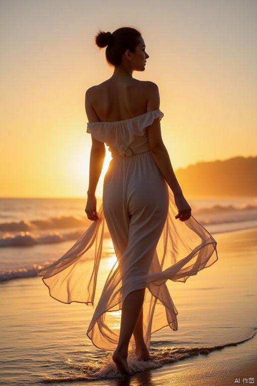 Beautiful model walking by the sea, movie light,Real Photography