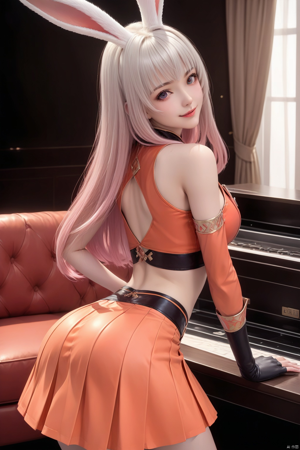 masterpiece, best quality, masterpiece,best quality,official art,extremely detailed CG unity 8k wallpaper,indoors,1girl,solo,white hair,long hair,looking at viewer,pink hair,rabbit ears,portrait,red shirt,orange skirt,bare_hip,midriff,bare shoulders,black_gloves,(Bare_one's_arm:1.3),One arm has sleeves,all fours,bent over,ass,back,smile,closed mouth