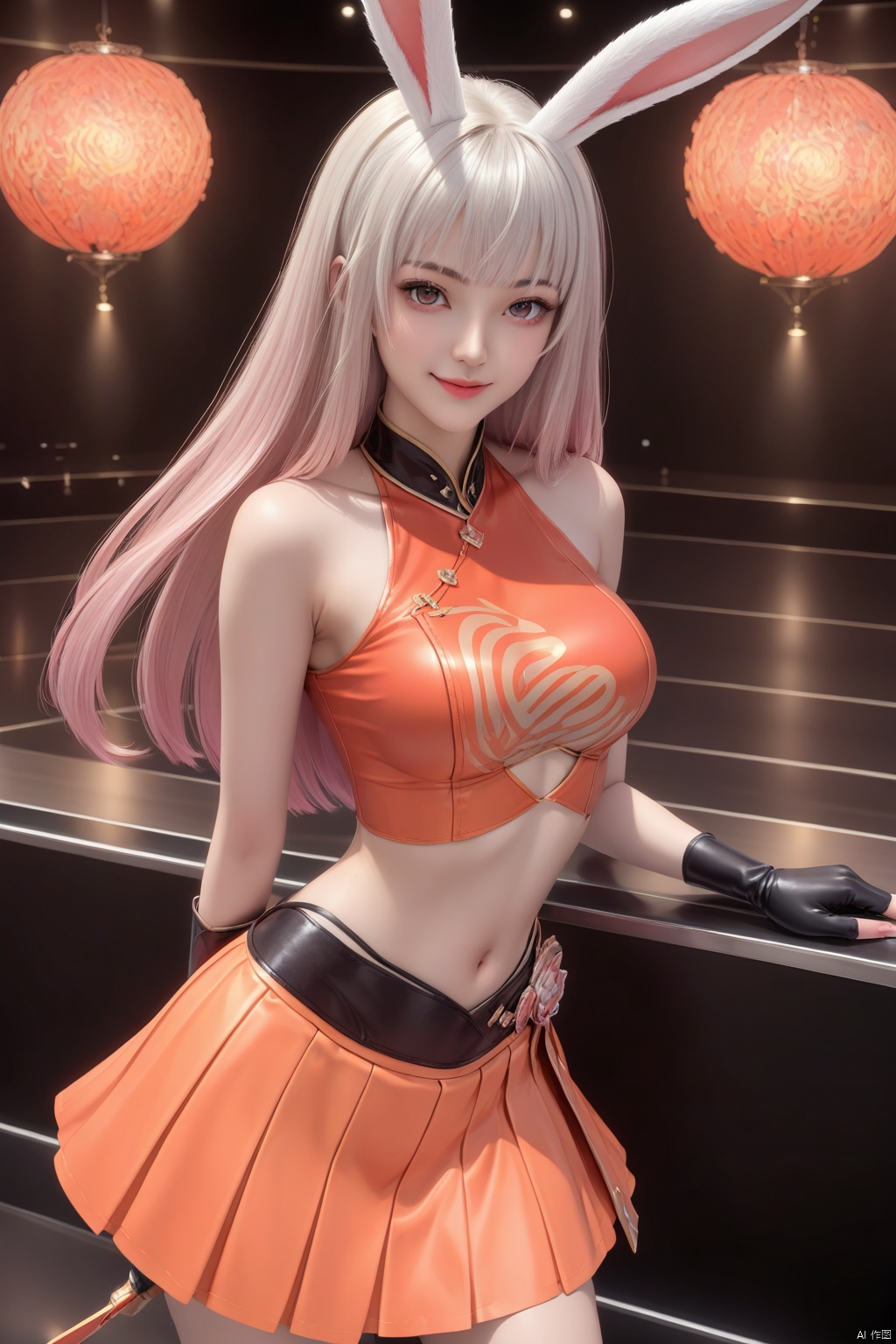 masterpiece, best quality, masterpiece,best quality,official art,extremely detailed CG unity 8k wallpaper,indoors,1girl,solo,white hair,long hair,looking at viewer,pink hair,rabbit ears,portrait,red shirt,orange skirt,bare_hip,midriff,bare shoulders,black_gloves,smile,closed mouth,leaning forward,looking at viewer