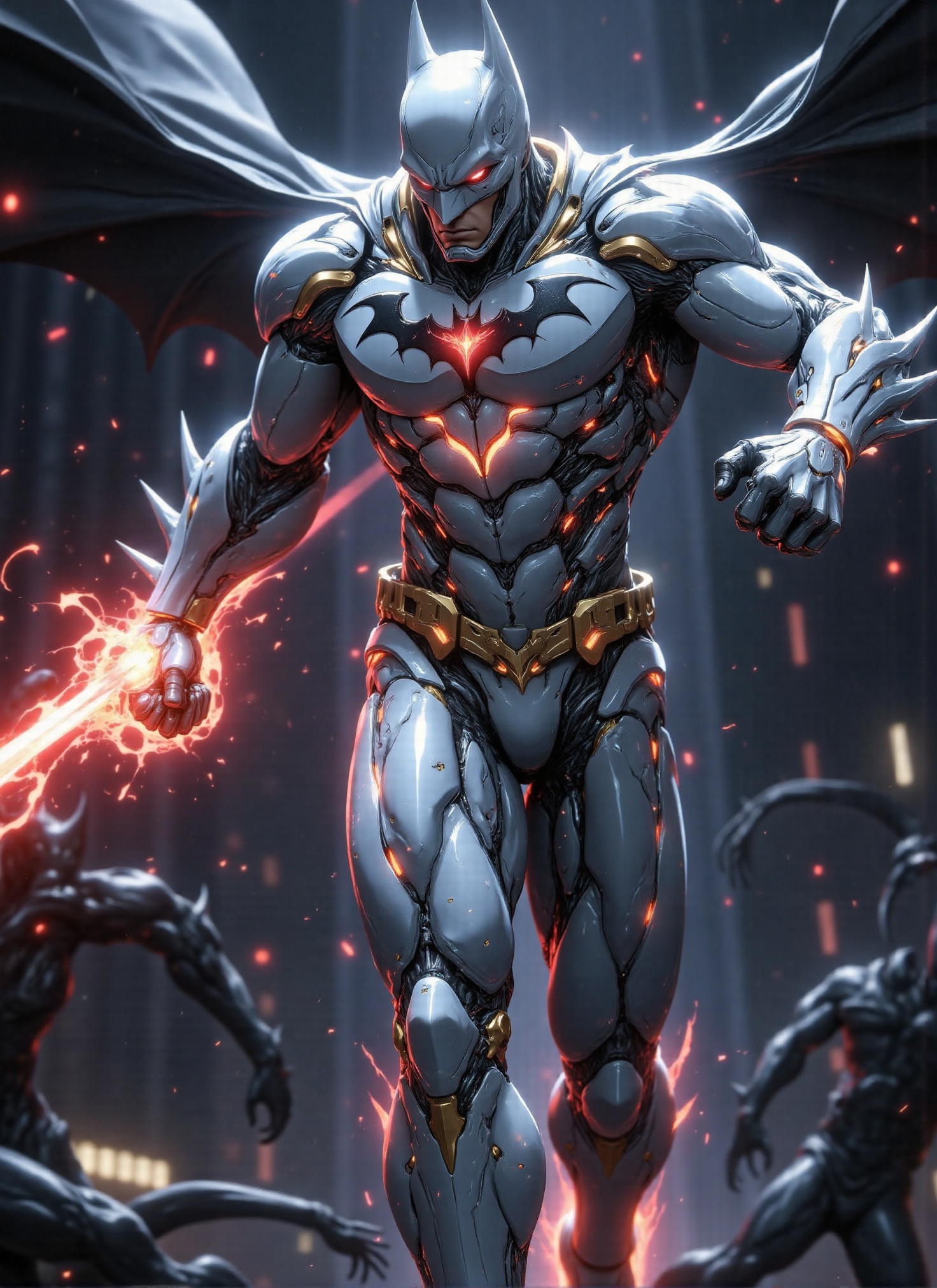 ((Photorealistic scene of white and gold clad Batman 1 batman fighting monsters on the streets of Gotham,  delivering a po...
