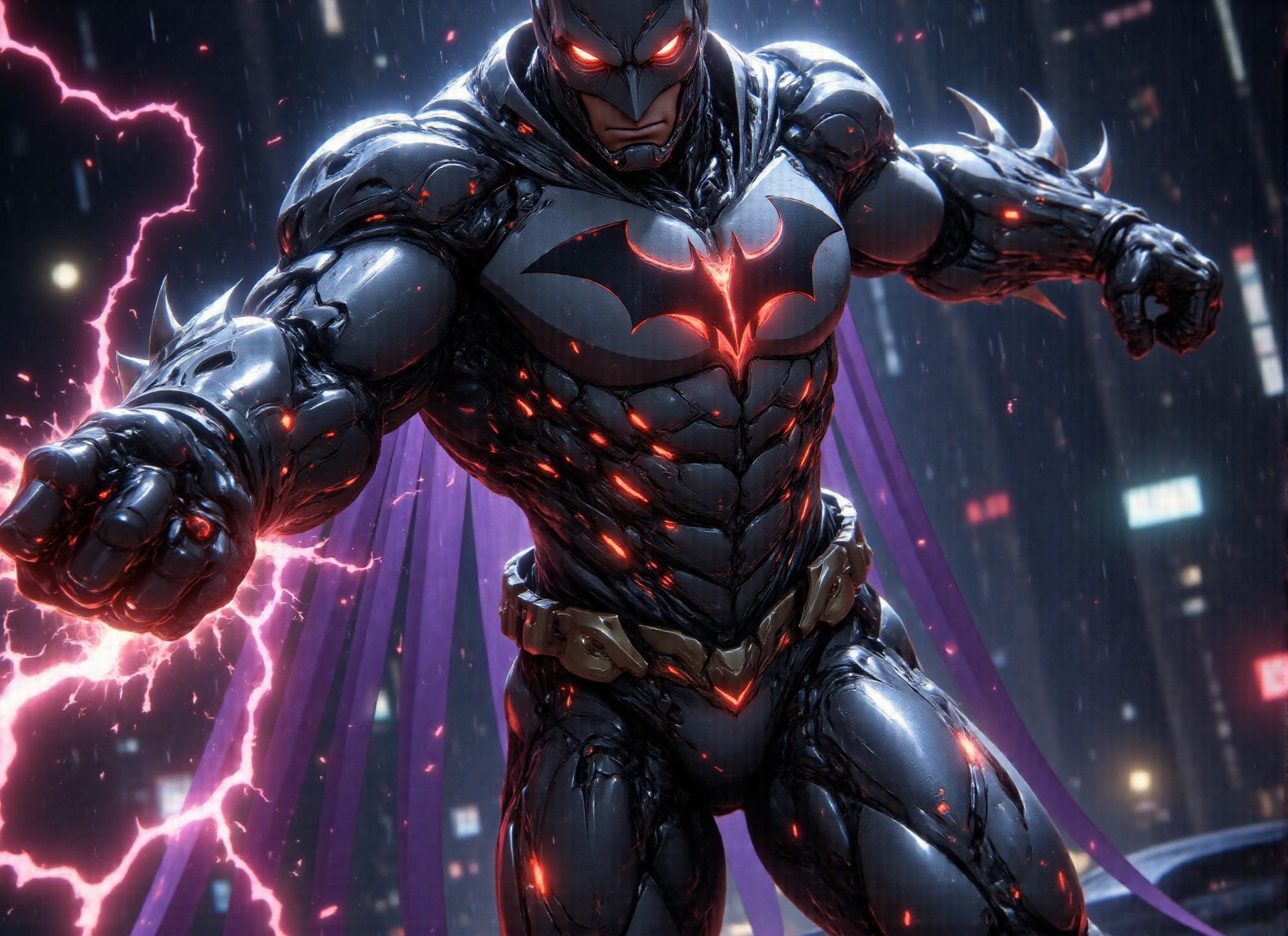 (((Photorealistic scene of black dressed Batman of the Future fighting gangsters on the streets of Gotham City,  deliverin...