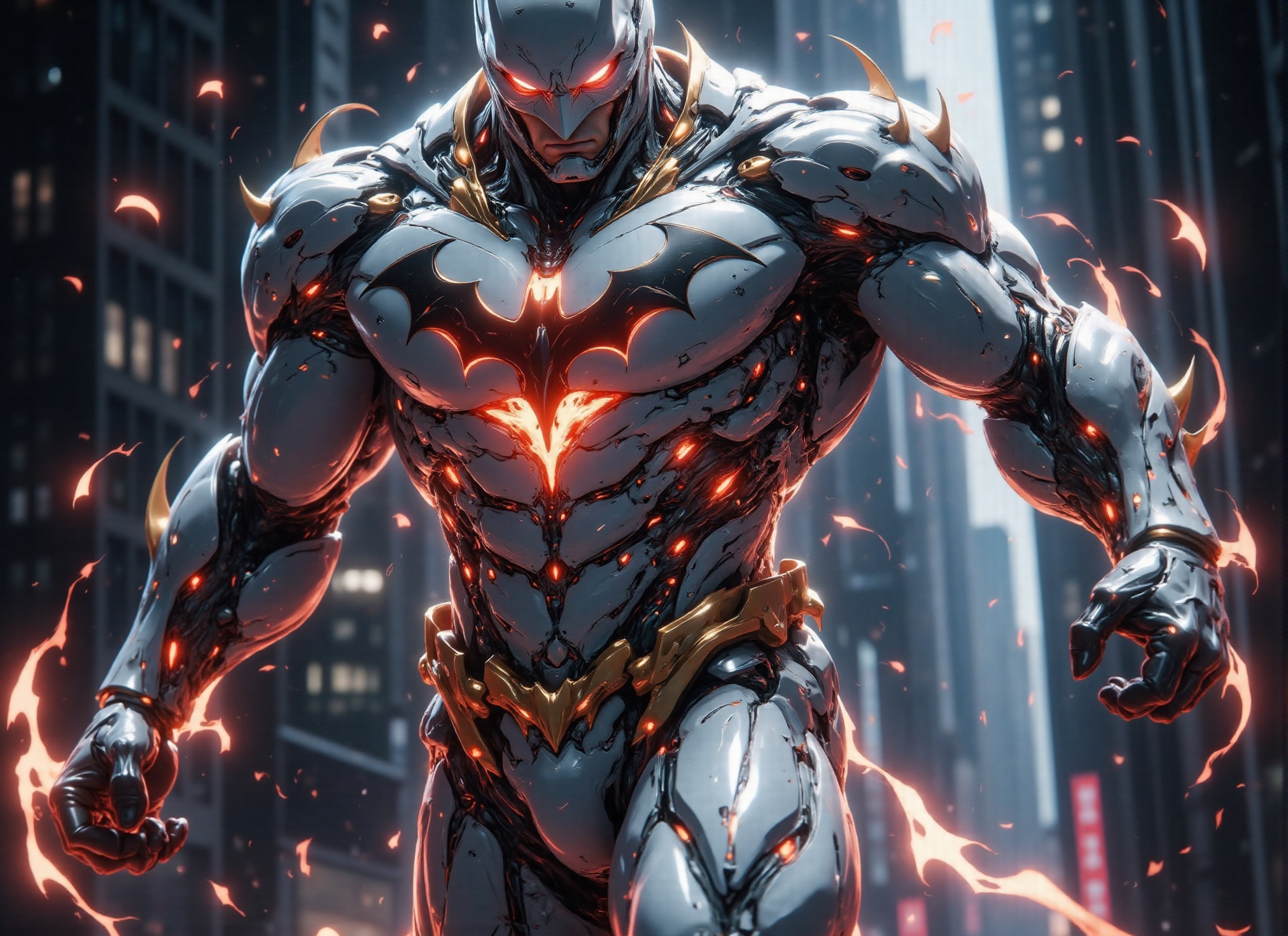 (((Photorealistic scene of white and gold clad Batman 1 batman fighting monsters on the streets of Gotham,  delivering a p...