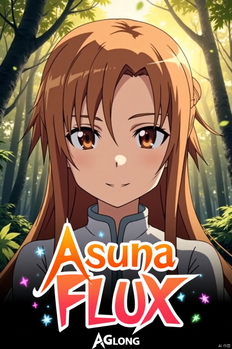 A close-up shot of Asuna with long, smooth brown hair, partially tied up at the back, and bright brown eyes with a firm, expressive gaze. She smiles shyly. The background is a mysterious forest with tall trees, lush branches and leaves, and dappled yellowish-white light filtering through. Floating leaves and dynamic graphics surround her. Below, the text Asuna FLUX appears in artistic, three-dimensional poster design, with the smaller sub-label AGlong beneath.