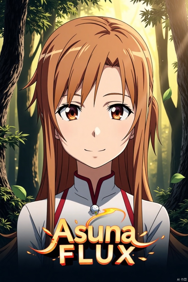 A close-up shot of Asuna with long, smooth brown hair, partially tied up at the back, and bright brown eyes with a firm, expressive gaze. She smiles shyly. The background is a mysterious forest with tall trees, lush branches and leaves, and dappled yellowish-white light filtering through. Floating leaves and dynamic graphics surround her. Below, the text Asuna FLUX appears in artistic, three-dimensional poster design, with the smaller sub-label AGlong beneath.