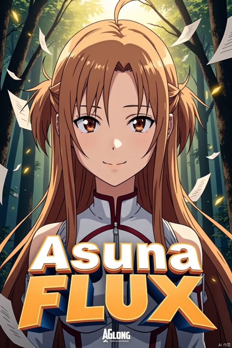 A close-up shot of Asuna with long, smooth brown hair, partially tied up at the back, and bright brown eyes with a firm, expressive gaze. She smiles shyly, wearing a white combat outfit. The background is a mysterious forest with tall trees, lush foliage, and dappled yellowish-white light. Floating pages and dynamic graphics surround her. Below, the text Asuna FLUX appears in artistic, three-dimensional poster design, with the smaller sub-label AGlong beneath.