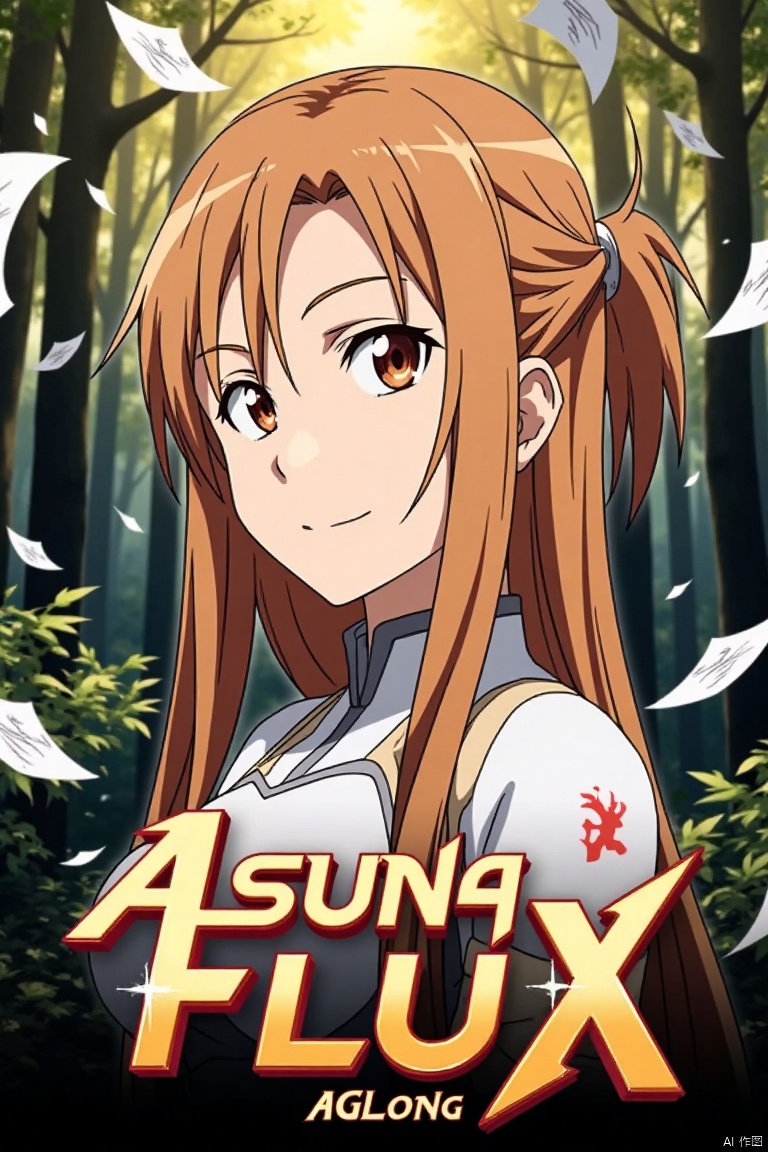 A close-up shot of Asuna with long, smooth brown hair, partially tied up at the back, and bright brown eyes with a firm, expressive gaze. She smiles shyly, wearing a white combat outfit. The background is a mysterious forest with tall trees, lush foliage, and dappled yellowish-white light. Floating pages and dynamic graphics surround her. Below, the text Asuna FLUX appears in artistic, three-dimensional poster design, with the smaller sub-label AGlong beneath.