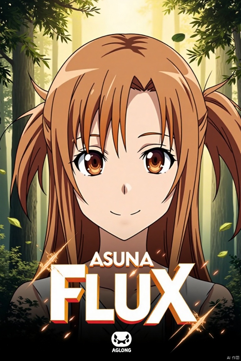 A close-up shot of Asuna with long, smooth brown hair, partially tied up at the back, and bright brown eyes with a firm, expressive gaze. She smiles shyly. The background is a mysterious forest with tall trees, lush branches and leaves, and dappled yellowish-white light filtering through. Floating leaves and dynamic graphics surround her. Below, the text Asuna FLUX appears in artistic, three-dimensional poster design, with the smaller sub-label AGlong beneath.