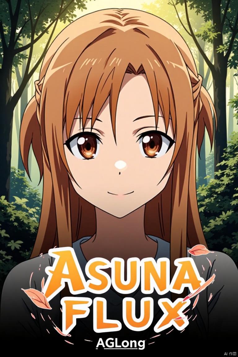 A close-up shot of Asuna with long, smooth brown hair, partially tied up at the back, and bright brown eyes with a firm, expressive gaze. She smiles shyly. The background is a mysterious forest with tall trees, lush branches and leaves, and dappled yellowish-white light filtering through. Floating leaves and dynamic graphics surround her. Below, the text Asuna FLUX appears in artistic, three-dimensional poster design, with the smaller sub-label AGlong beneath.