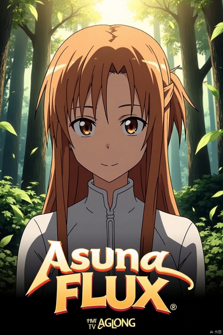 A close-up shot of Asuna, a 1girl with long, smooth brown hair partially tied up, her bright brown eyes firm yet shyly smiling. The background is a mysterious forest with tall trees, lush foliage, and floating leaves, illuminated by dappled yellowish-white light. Green leaves and plants add a natural touch. Below, Asuna FLUX in artistic, 3D poster text with AGlong beneath, both designed for a movie poster.