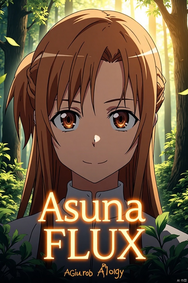 A close-up of Asuna, a 1girl with long, smooth brown hair partially tied up, her bright brown eyes firm yet shyly smiling. The background is a mysterious forest with tall trees, lush foliage, and floating leaves, illuminated by dappled yellowish-white light. Green leaves and plants add a natural touch. Below, Asuna FLUX in artistic, 3D poster text with AGlong beneath, both designed for a movie poster.