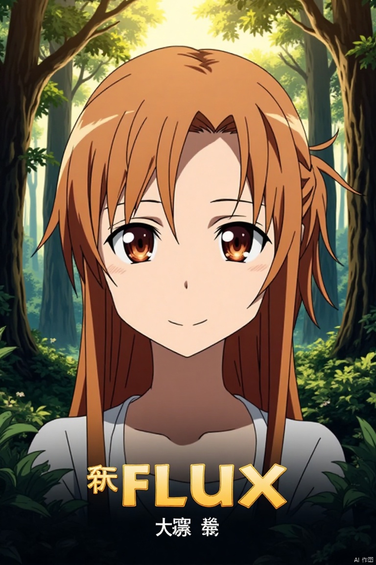 A serene close-up of Asuna, a 1girl with long, smooth brown hair partially tied up, her bright brown eyes firm yet shyly smiling. The background features a mysterious forest with tall trees, lush foliage, and floating leaves, illuminated by dappled yellowish-white light. Surrounding plants add a natural touch. Below, Asuna FLUX in artistic, 3D poster text with AGlong beneath, both designed for a movie poster.