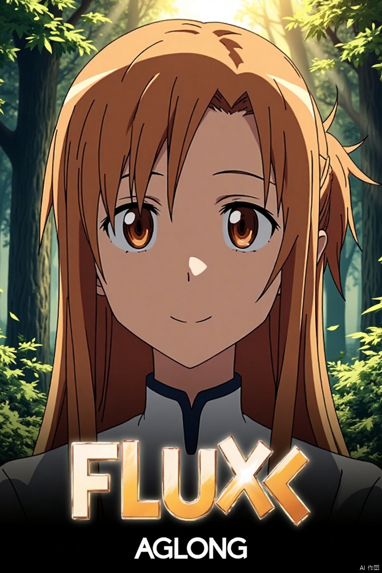 A serene close-up of Asuna, a 1girl with long, smooth brown hair partially tied up, her bright brown eyes firm yet shyly smiling. The background features a mysterious forest with tall trees, lush foliage, and floating leaves, illuminated by dappled yellowish-white light. Surrounding plants add a natural touch. Below, Asuna FLUX in artistic, 3D poster text with AGlong beneath, both designed for a movie poster.