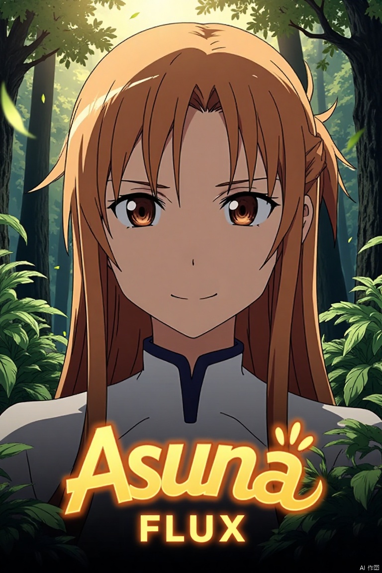 A close-up of Asuna, a 1girl with long, smooth brown hair partially tied up, her bright brown eyes firm yet shyly smiling. The background is a mysterious forest with tall trees, lush foliage, and floating leaves, illuminated by dappled yellowish-white light. Green leaves and plants add a natural touch. Below, Asuna FLUX in artistic, 3D poster text with AGlong beneath, both designed for a movie poster.