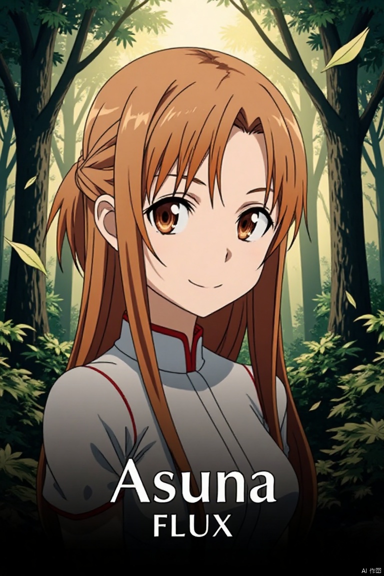 1girl, Asuna, long smooth brown hair partially tied up, flowing naturally, bright brown eyes with firm expressive gaze, shy smile, mysterious forest background with tall trees, lush branches, floating leaves, dappled yellowish-white light, quiet mysterious atmosphere, green leaves and plants, text theme Asuna FLUX at bottom, sub-label AGlong smaller below, artistic 3D text, poster design, movie poster style.