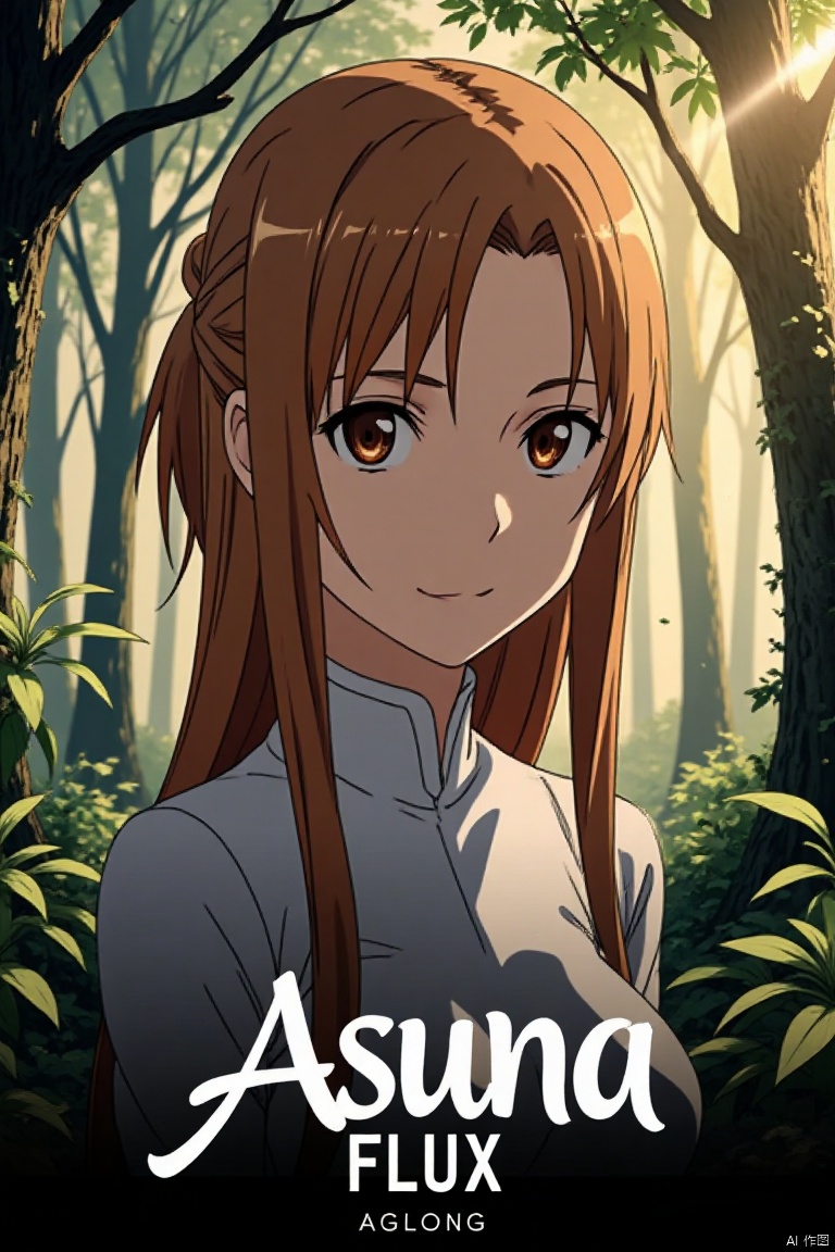 1girl, Asuna, long smooth brown hair partially tied up, flowing naturally, bright brown eyes with firm expressive gaze, shy smile, mysterious forest background with tall trees, lush branches, floating leaves, dappled yellowish-white light, quiet mysterious atmosphere, green leaves and plants, text theme Asuna FLUX at bottom, sub-label AGlong smaller below, artistic 3D text, poster design, movie poster style.