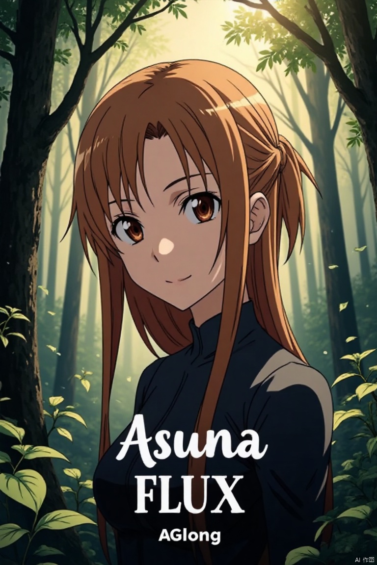 1girl, Asuna, long smooth brown hair partially tied up, flowing naturally, bright brown eyes with firm expressive gaze, shy smile, mysterious forest background with tall trees, lush branches, floating leaves, dappled yellowish-white light, quiet mysterious atmosphere, green leaves and plants, text theme Asuna FLUX at bottom, sub-label AGlong smaller below, artistic 3D text, poster design, movie poster style.