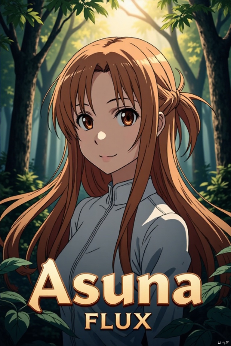 1girl, Asuna, long smooth brown hair partially tied up, flowing naturally, bright brown eyes with firm expressive gaze, shy smile, mysterious forest background with tall trees, lush branches, floating leaves, dappled yellowish-white light, quiet mysterious atmosphere, green leaves and plants, text theme Asuna FLUX at bottom, sub-label AGlong smaller below, artistic 3D text, poster design, movie poster style.