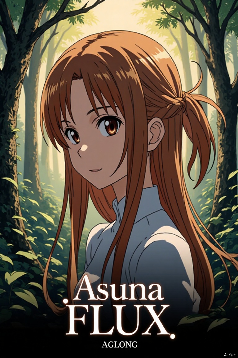 1girl, Asuna, long smooth brown hair partially tied up, flowing naturally, bright brown eyes with firm expressive gaze, shy smile, mysterious forest background with tall trees, lush branches, floating leaves, dappled yellowish-white light, quiet mysterious atmosphere, green leaves and plants, text theme Asuna FLUX at bottom, sub-label AGlong smaller below, artistic 3D text, poster design, movie poster style.