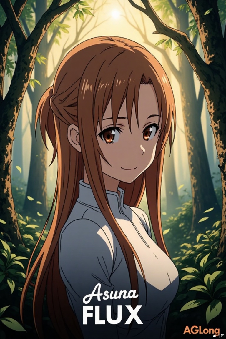1girl, Asuna, long smooth brown hair partially tied up, flowing naturally, bright brown eyes with firm expressive gaze, shy smile, mysterious forest background with tall trees, lush branches, floating leaves, dappled yellowish-white light, quiet mysterious atmosphere, green leaves and plants, text theme Asuna FLUX at bottom, sub-label AGlong smaller below, artistic 3D text, poster design, movie poster style.