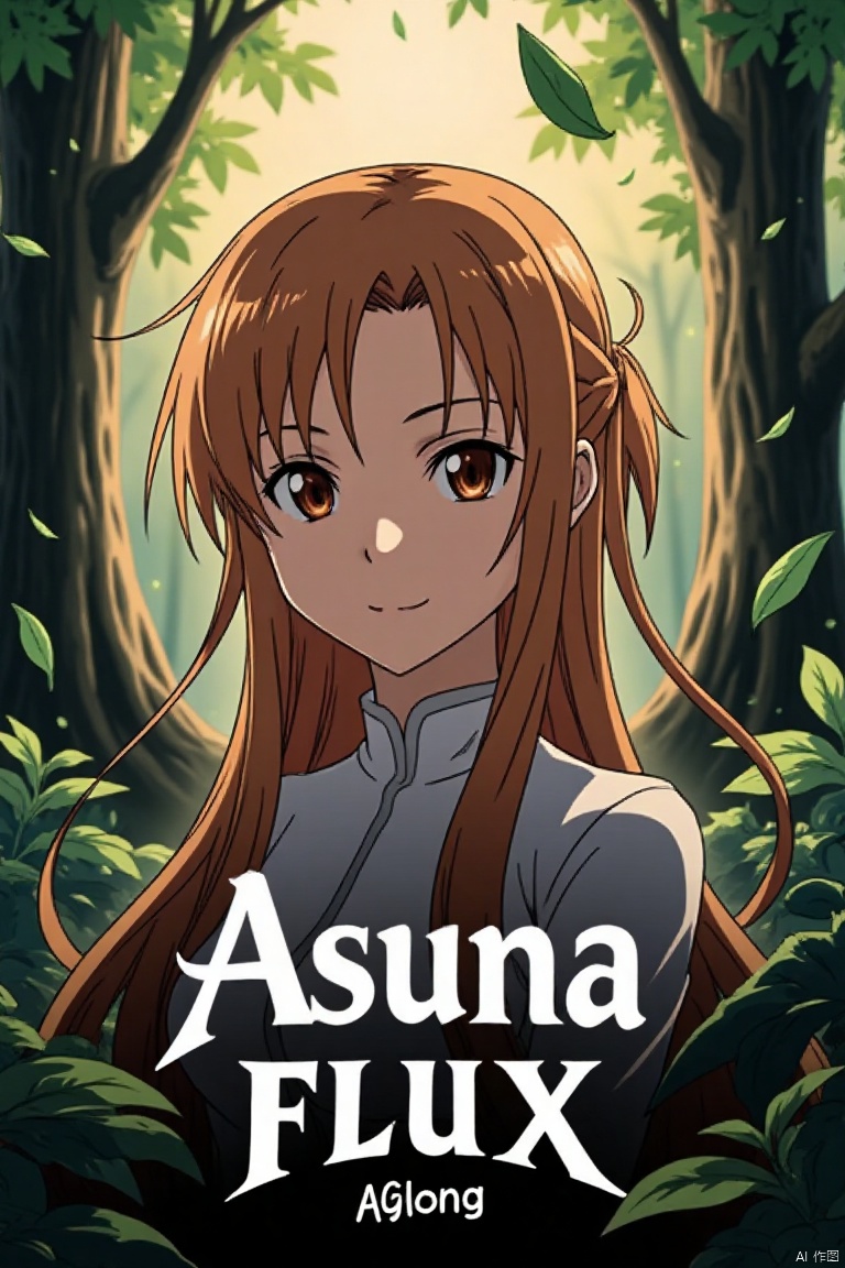 1girl, Asuna, long smooth brown hair partially tied up, flowing naturally, bright brown eyes with firm expressive gaze, shy smile, mysterious forest background with tall trees, lush branches, floating leaves, dappled yellowish-white light, quiet mysterious atmosphere, green leaves and plants, text theme Asuna FLUX at bottom, sub-label AGlong smaller below, artistic 3D text, poster design, movie poster style.