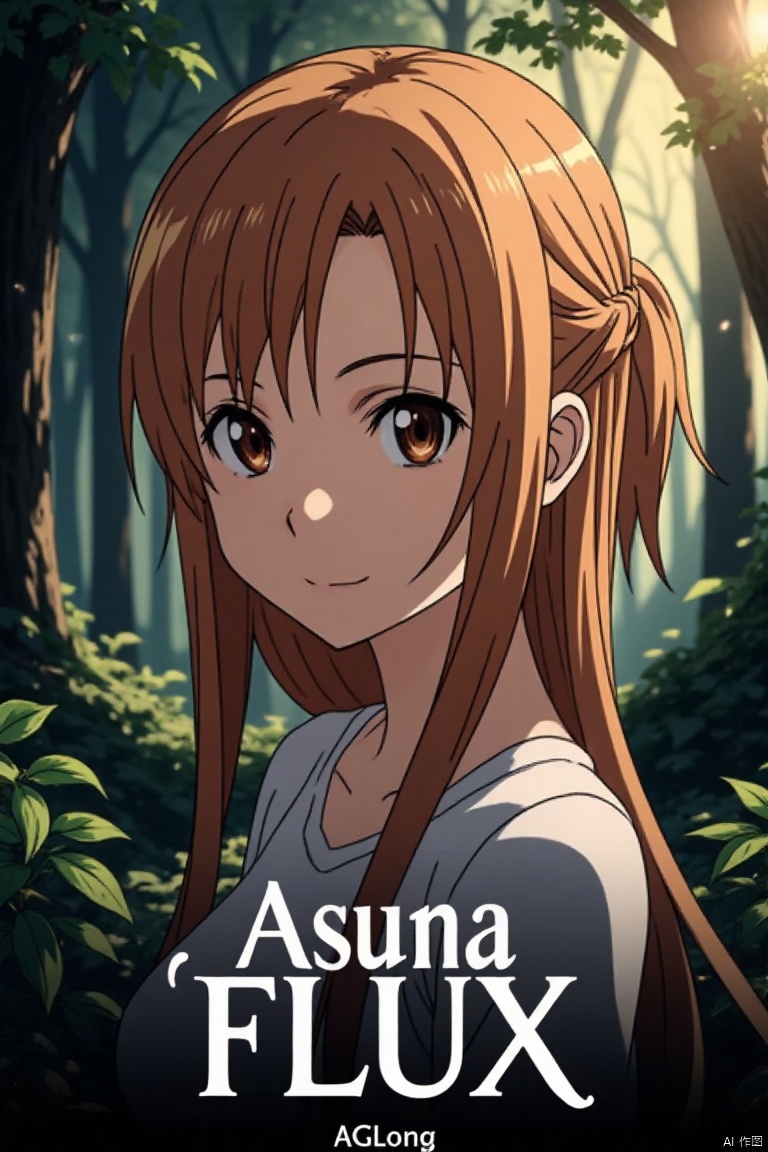 1girl, Asuna, long smooth brown hair partially tied up, flowing naturally, bright brown eyes with firm expressive gaze, shy smile, mysterious forest background with tall trees, lush branches, floating leaves, dappled yellowish-white light, quiet mysterious atmosphere, green leaves and plants, text theme Asuna FLUX at bottom, sub-label AGlong smaller below, artistic 3D text, poster design, movie poster style.