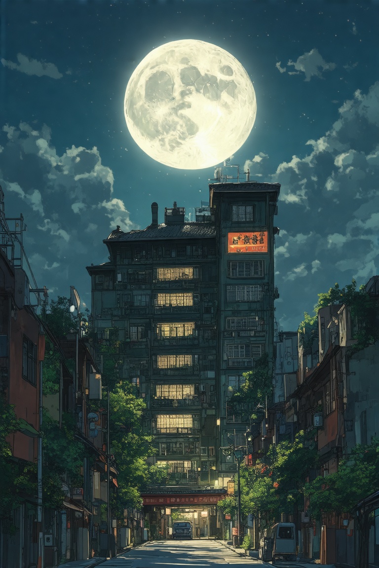 A Ghibli Studio Anime scene depicting a dark sky with a full moon shining on one side of an apartment building in Shanghai...