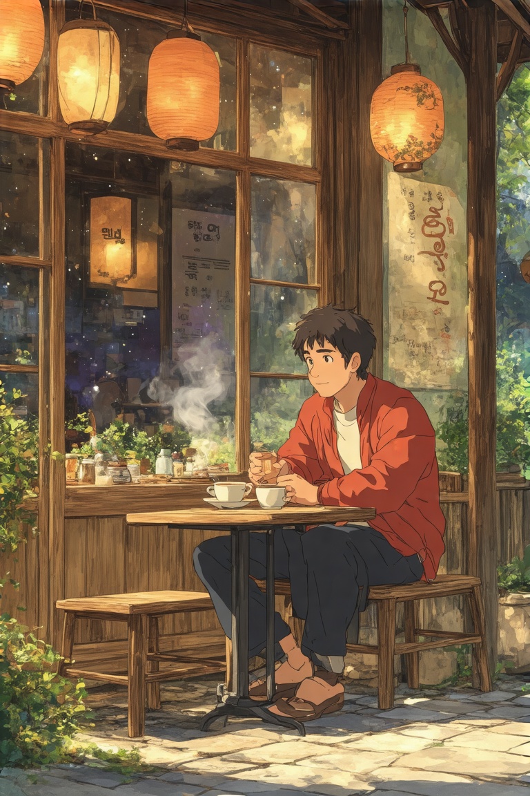 A front view of a man sitting at a small table outside a cozy cafe,  wearing a stylish red jacket and looking peaceful as...
