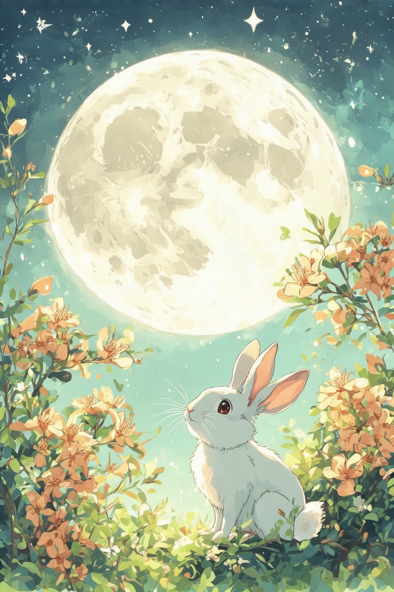 A Ghibli Studio Anime-inspired vector illustration featuring a full moon,  stars,  and osmanthus flowers in the background...