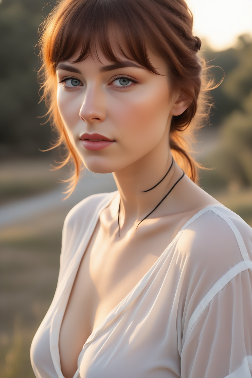 Auburn-haired woman with bangs,  warm light blue eyes,  and a relaxed on Tensor.Art