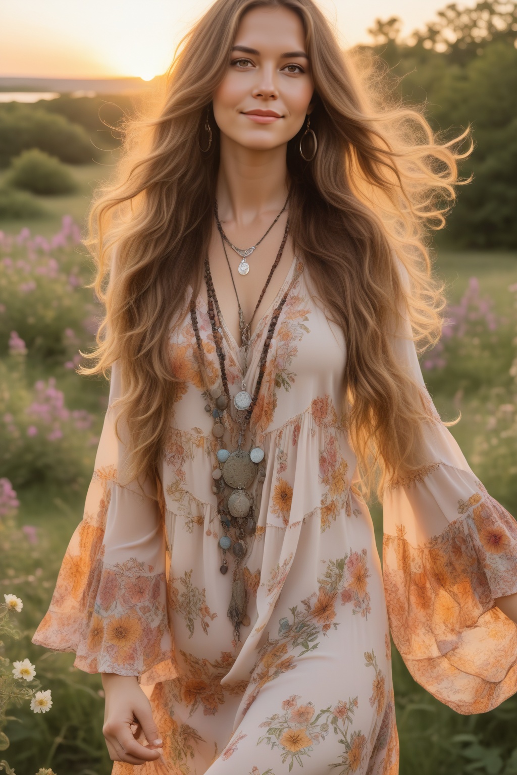 A beautiful woman in a 1970s bohemian chic style. She has long,  flowing hair with natural waves,  soft on Tensor.Art