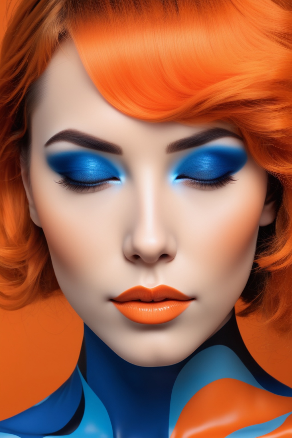 An eye-level shot of a woman's face,  painted in a vibrant blue and orange hue. Her eyes are closed,  and her lips are pai...