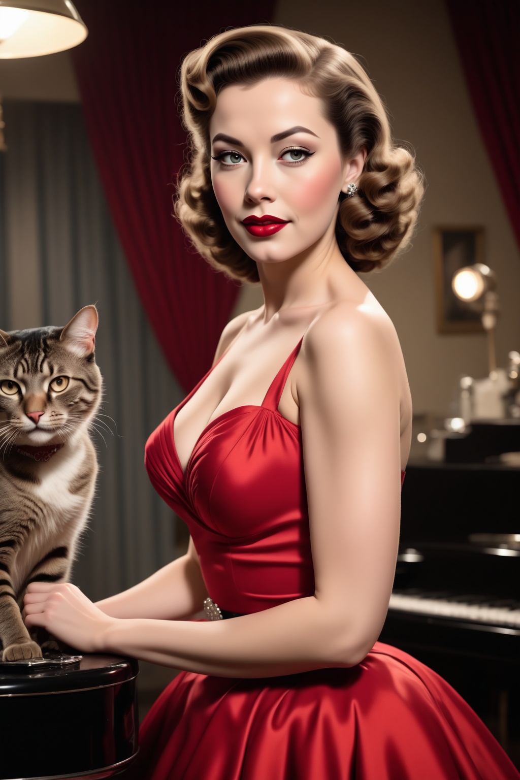A beautiful woman in a 1950s Hollywood glamour style. She has voluminous,  wavy hair,  red lipstick on Tensor.Art