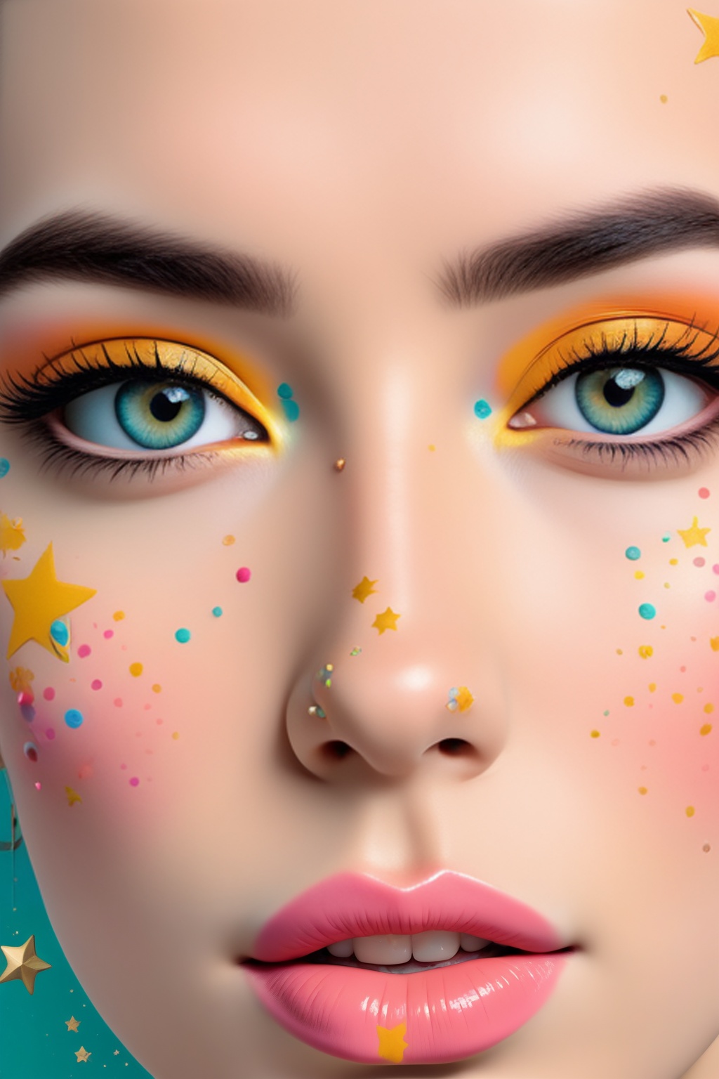 a close-up shot of a woman's face is adorned with a pink nose adorned with tiny orange and yellow stars,  adding a pop of...